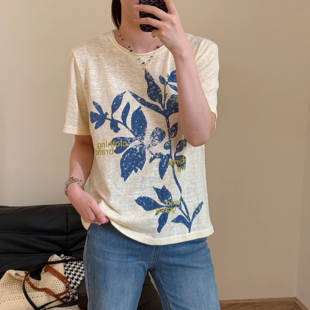 美亚恩NANA【麻油叶】夏季做旧复古短袖印花T恤宽松C0346