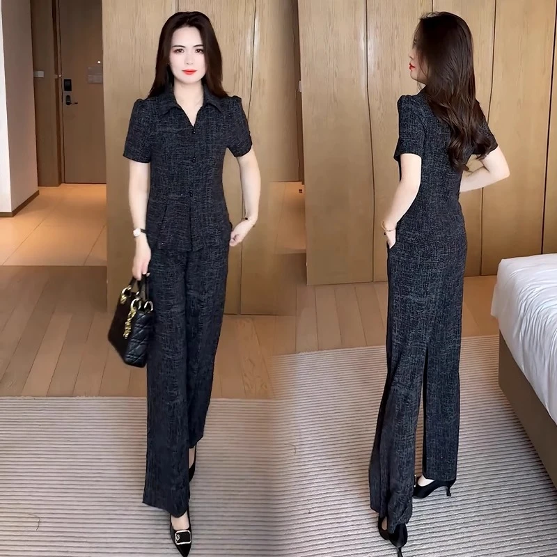 时尚套装女2025夏季新款洋气减龄显瘦收腰短袖上衣阔腿裤两件套潮