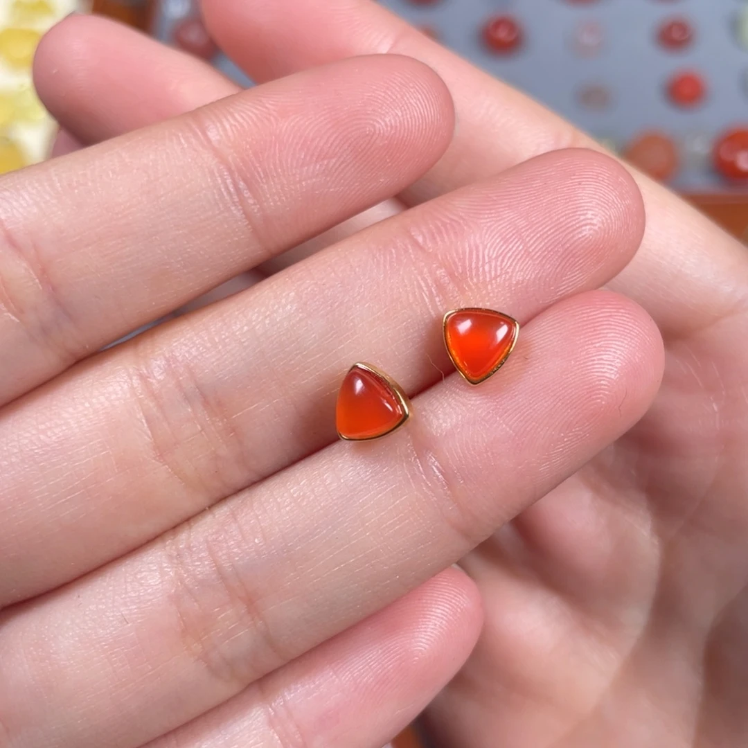 南红玛瑙保山冰红耳钉银S925镀金镶嵌