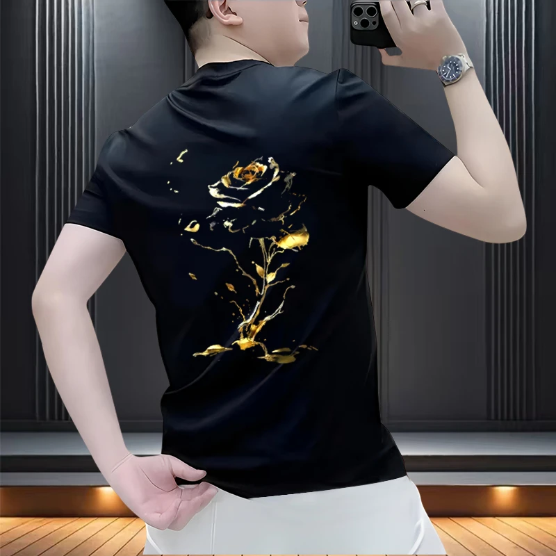 2025爆款短袖男t恤潮牌时尚个性印花金玫瑰休闲夏季高级感男装潮
