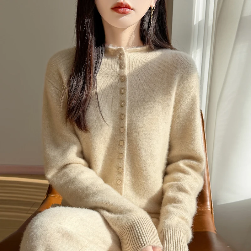 冬季新款重磅加厚保暖圆领100纯羊毛开衫女排扣毛衣针织衫羊毛衫