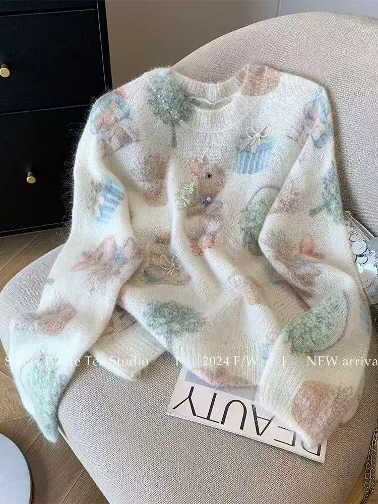 【野餐兔子】小兔子印花钉珠马海毛毛衣女新款慵懒风软糯减龄上衣