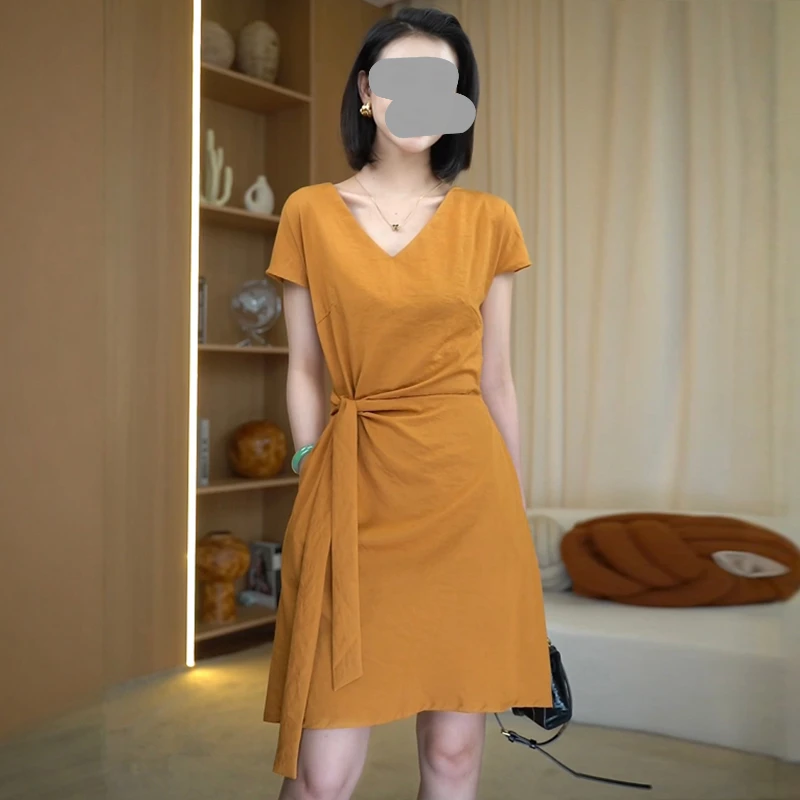 短袖连衣裙女2025夏季新款韩版V领系带设计感洋气收腰显瘦T恤裙潮