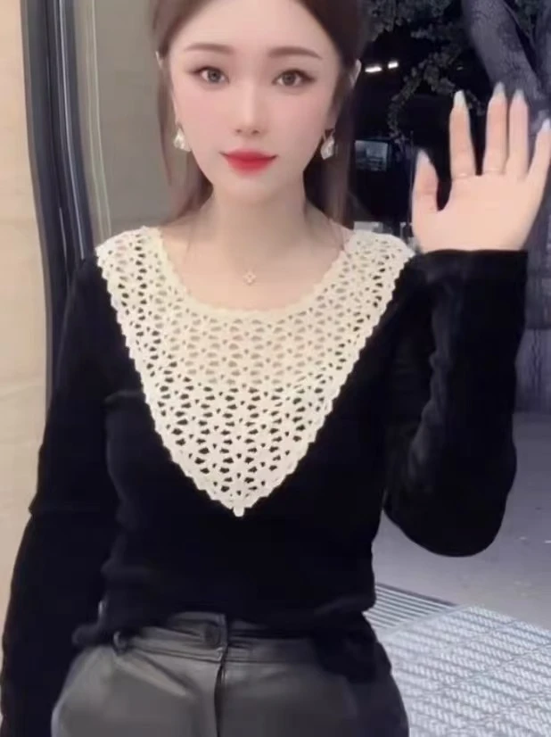 1907 黑色镂空上衣长袖减龄洋气丝绒打底衫拼接套头秋季韩版