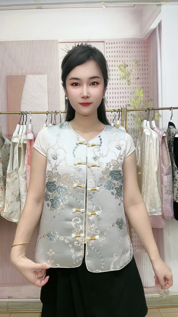 国风单排扣复古圆领开衫春秋季提花马夹