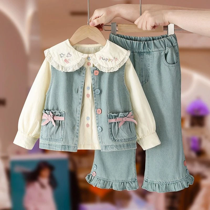 女童牛仔套装春款2025新款洋气韩版儿童春装衬衫宝宝牛仔裤三件套