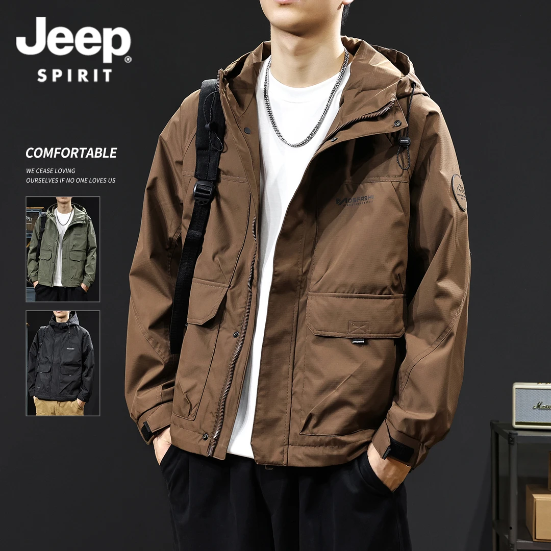 JEEP户外三防冲锋夹克男款2025新款宽松外套春秋冬连帽美式工装