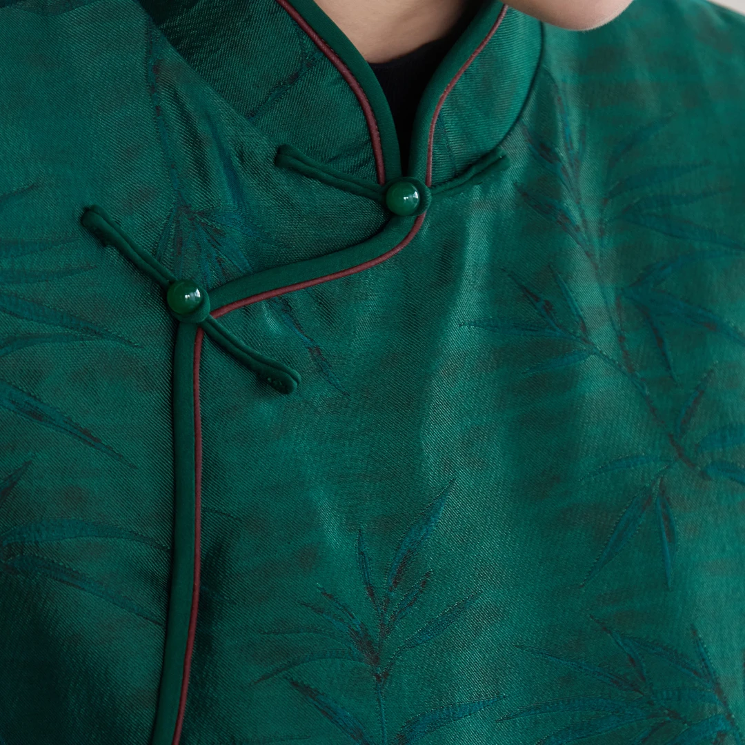 【翡翠裁】吉祥羽儿原创55MM色交织库缎香云纱设计感清雅竹纹马夹