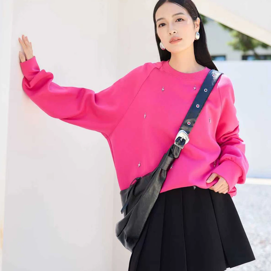 秋宽松卫衣圆领女休闲风中长款上衣早秋