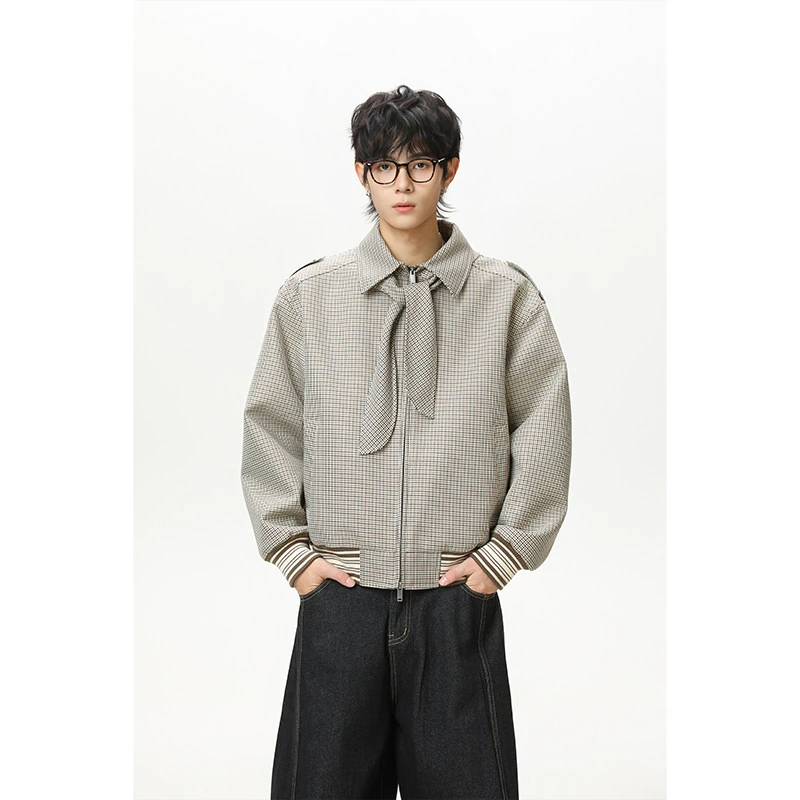 MAODALAI新款原色千鸟格嘻哈男士春秋夹克情侣上衣韩版复古外套