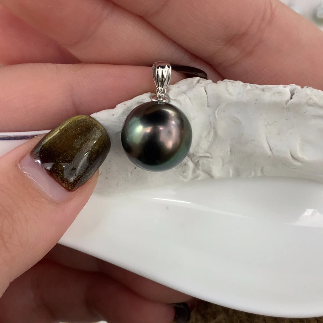 定制海水珍珠18K金镶嵌裸珠大溪地孔雀绿12-13