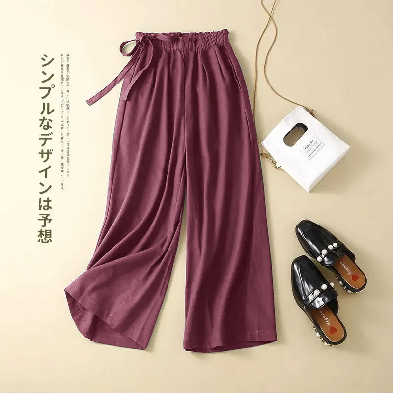 【现货+运费险】棉麻九分阔腿裤宽松高腰侧边系带休闲裤K370