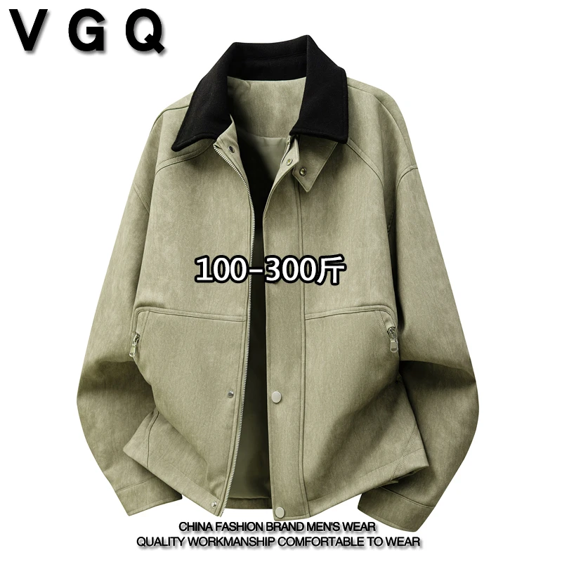 VGQ男士商务休闲肌理PU皮夹克2025春秋新款复古潮流翻领百搭外套