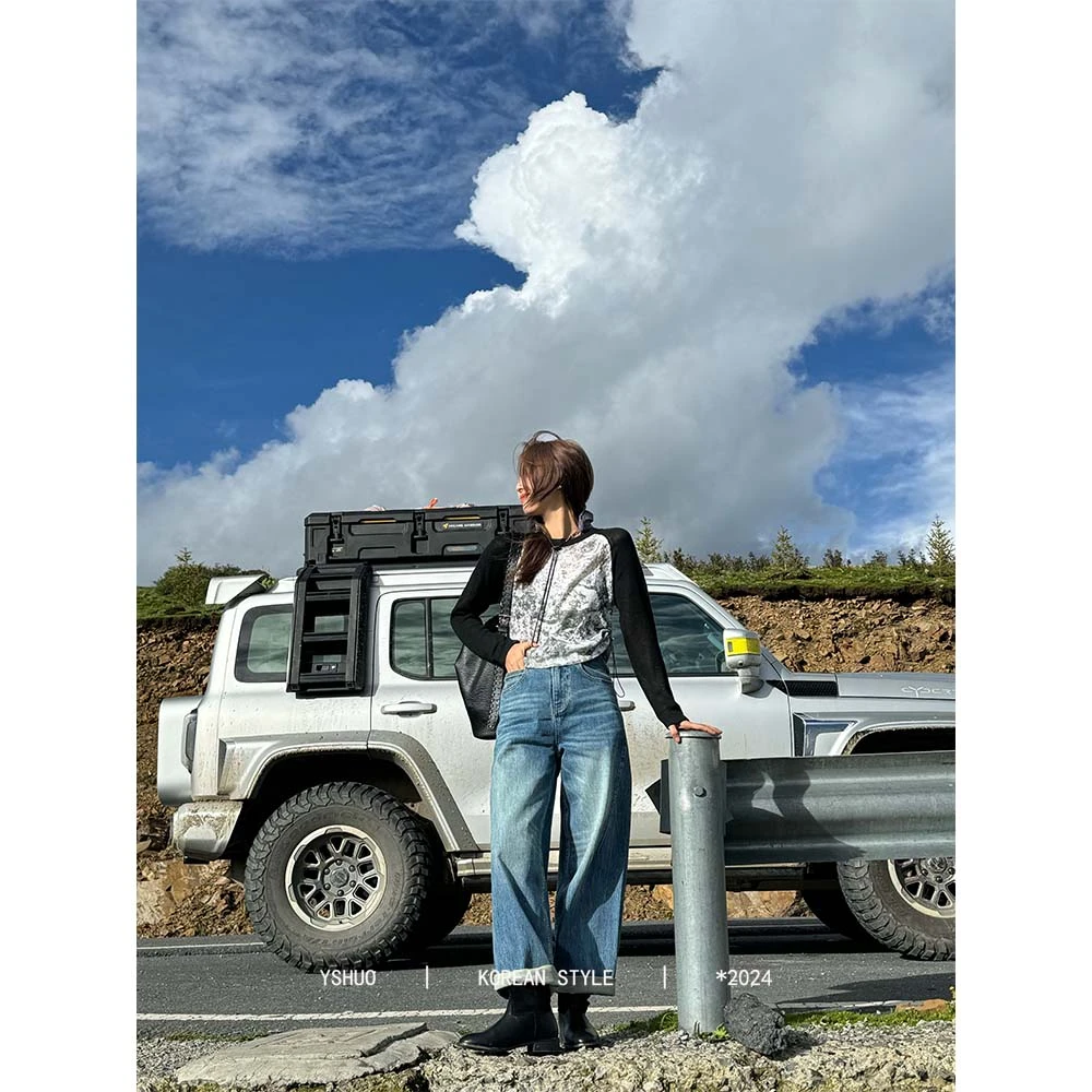 【寂静森林】复古撞色拼袖下摆收口晕染感针织落肩长袖  24535