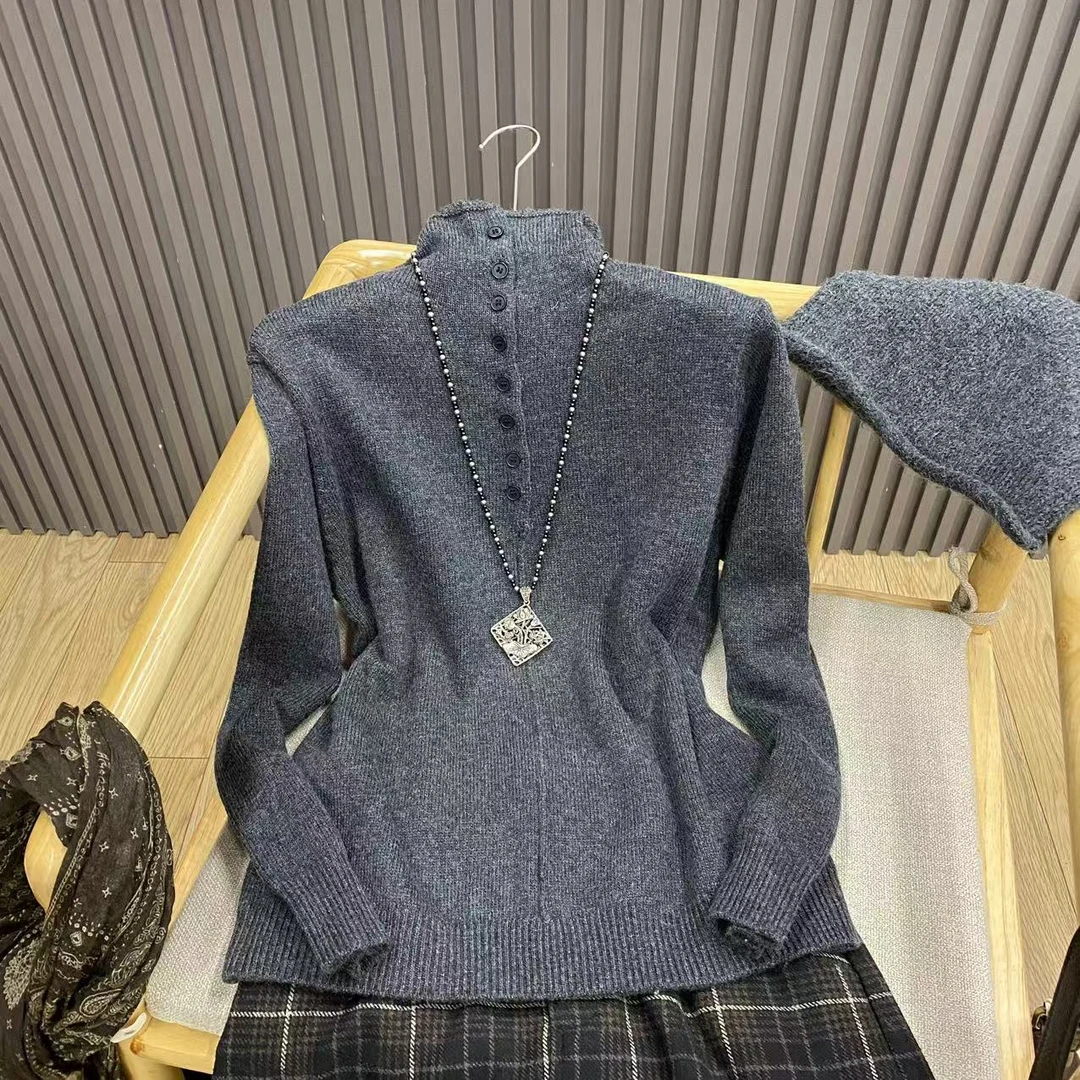 高领半开襟套头针织衫排扣纯色百搭打底秋冬毛衣女Z2323