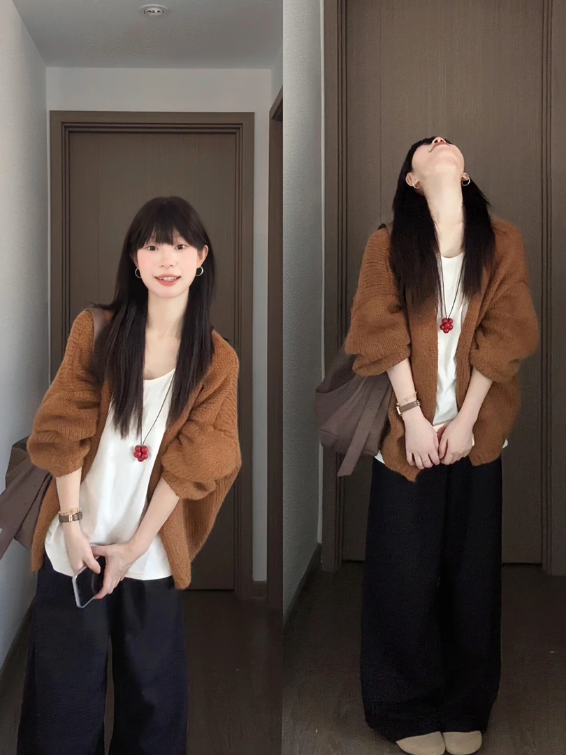 2025秋季新款韩系穿搭复古针织衫外套上衣气质高腰阔腿裤时尚套装