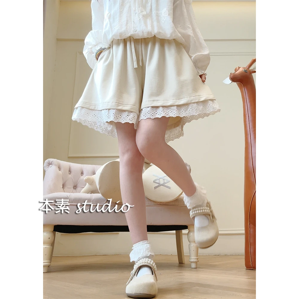蕾丝边短裤C4148蕾丝边松紧腰系带宽松短裤