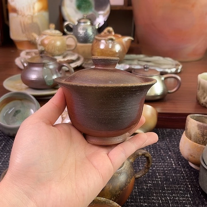 柴烧陶泥二才盖碗
