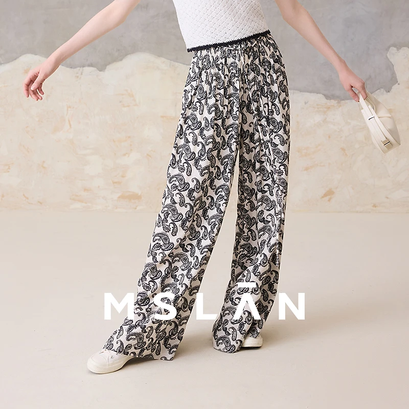 MSLAN夏季新款复古腰果花垂顺拖地裤轻盈宽松塔克阔腿长裤MGBK530