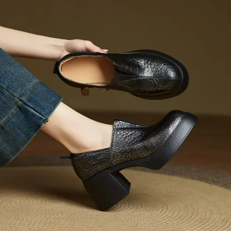 牛皮/8cm/小个子增高跟真皮厚底粗跟英伦风舒适软底日常单鞋女鞋