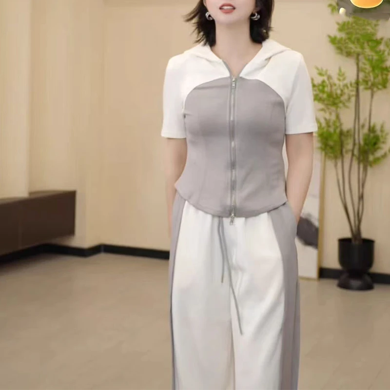 （女装）132 撞色拼接连帽短袖上衣高腰阔腿裤显瘦简约穿搭套装