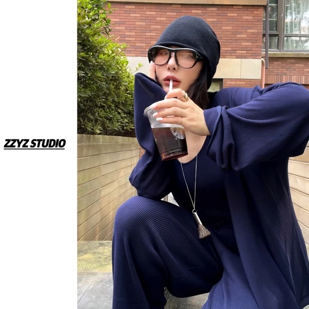 【ZZYZ】“舒适半夏”老钱风亚麻宽松吊带+针织开衫➕抽绳阔腿裤三件套