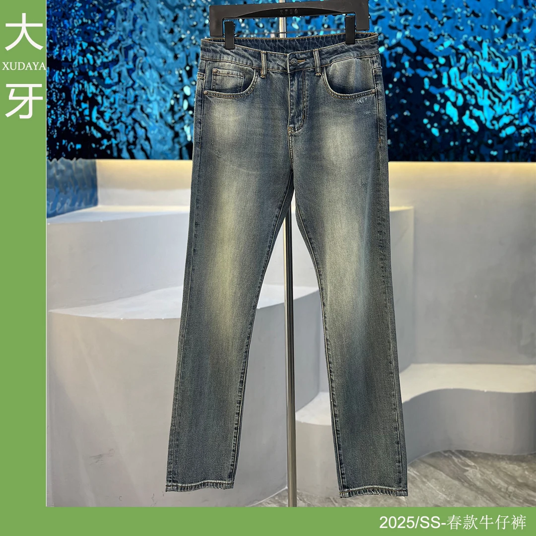 【大牙】318#浅蓝色牛仔裤男2025早春手工磨烂弹力修身小直筒