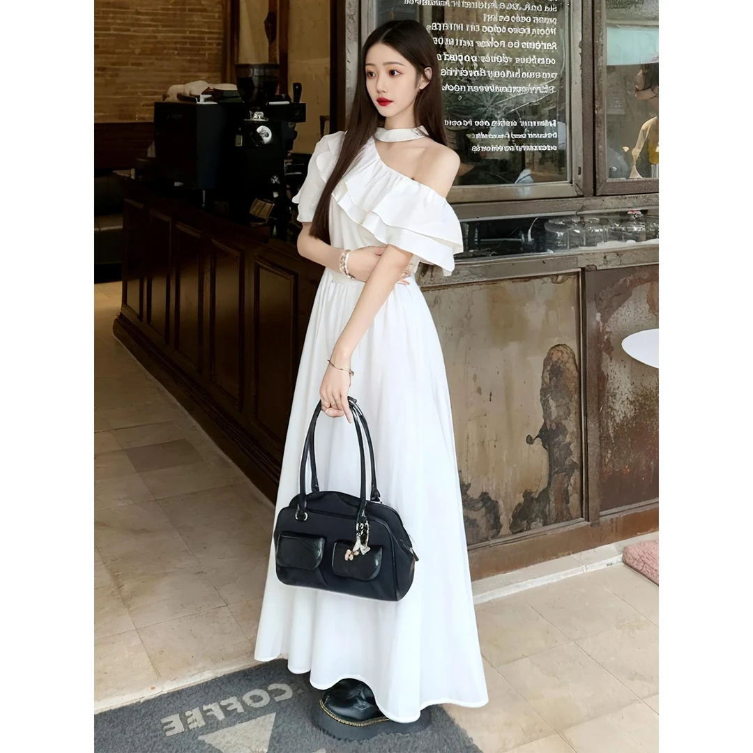 VOCKOO官方女装2025夏款法式优雅连衣裙重工荷叶边露肩长裙女