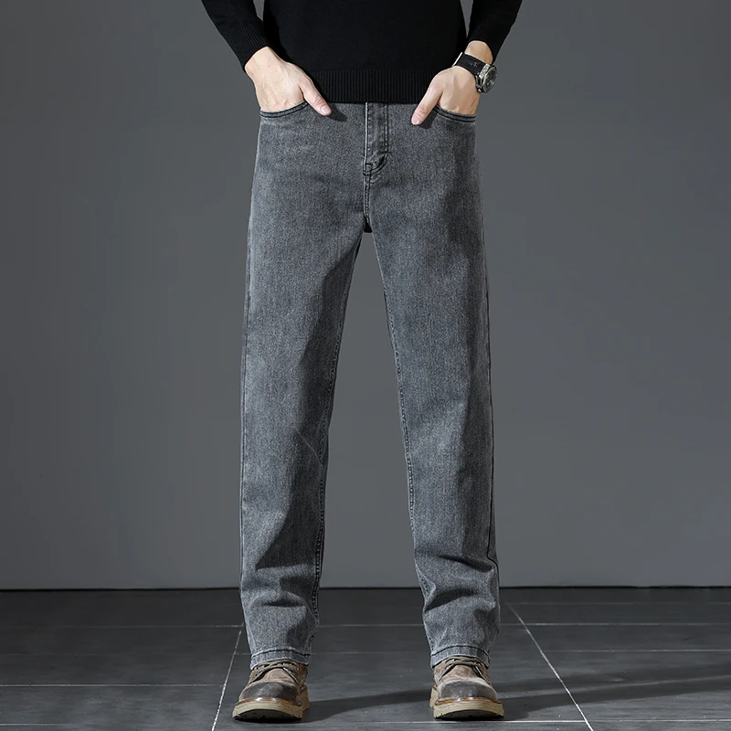 香港高端中年男士秋冬宽松黑灰色牛仔裤男商务直筒休闲裤纯黑裤