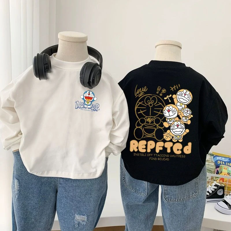 纯棉儿童打底衫春秋款新款韩版叮当猫印花男女童圆领长袖T恤潮酷