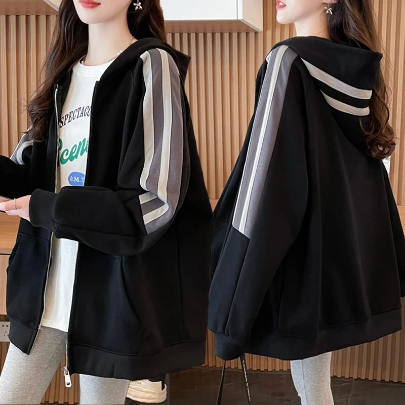 红路皇大码女装胖mm慵懒风拉炼卫衣女春秋新款韩版宽松百搭薄款开