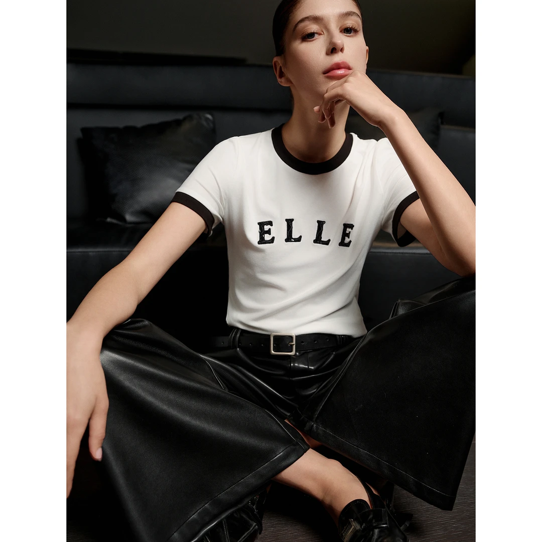 ELLE撞色圆领T恤女2025春慵懒ET50733