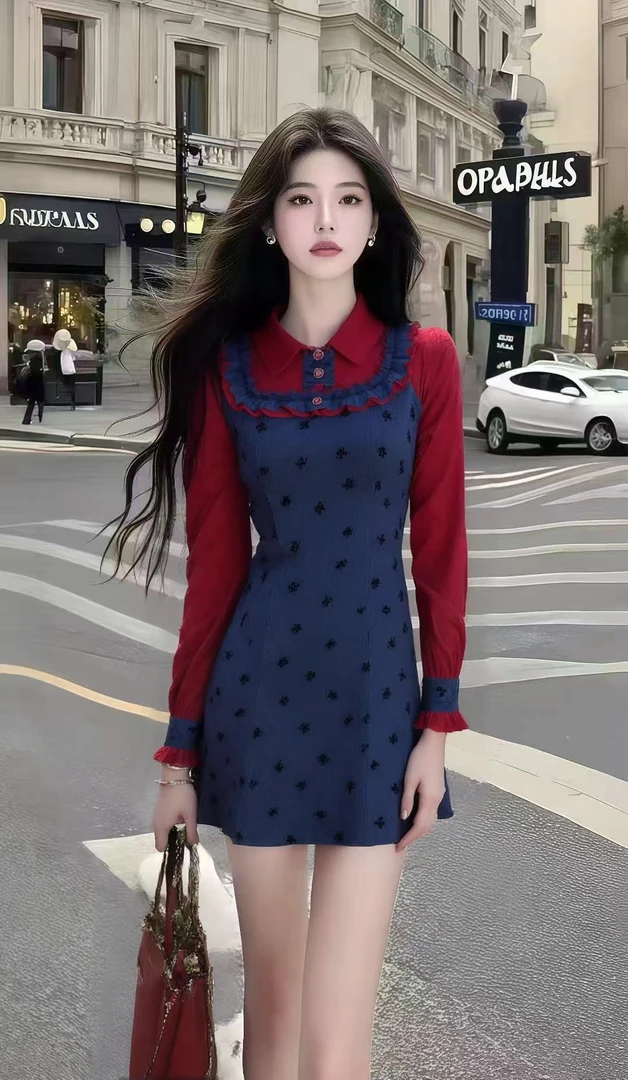 秋季新款时尚法式小香风撞色拼接碎花翻领长袖连衣裙气质显瘦短裙