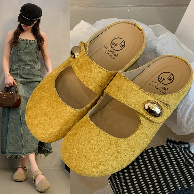 2025夏季新款软底软面小金豆魔术贴懒人一脚蹬勃肯包头半拖鞋女