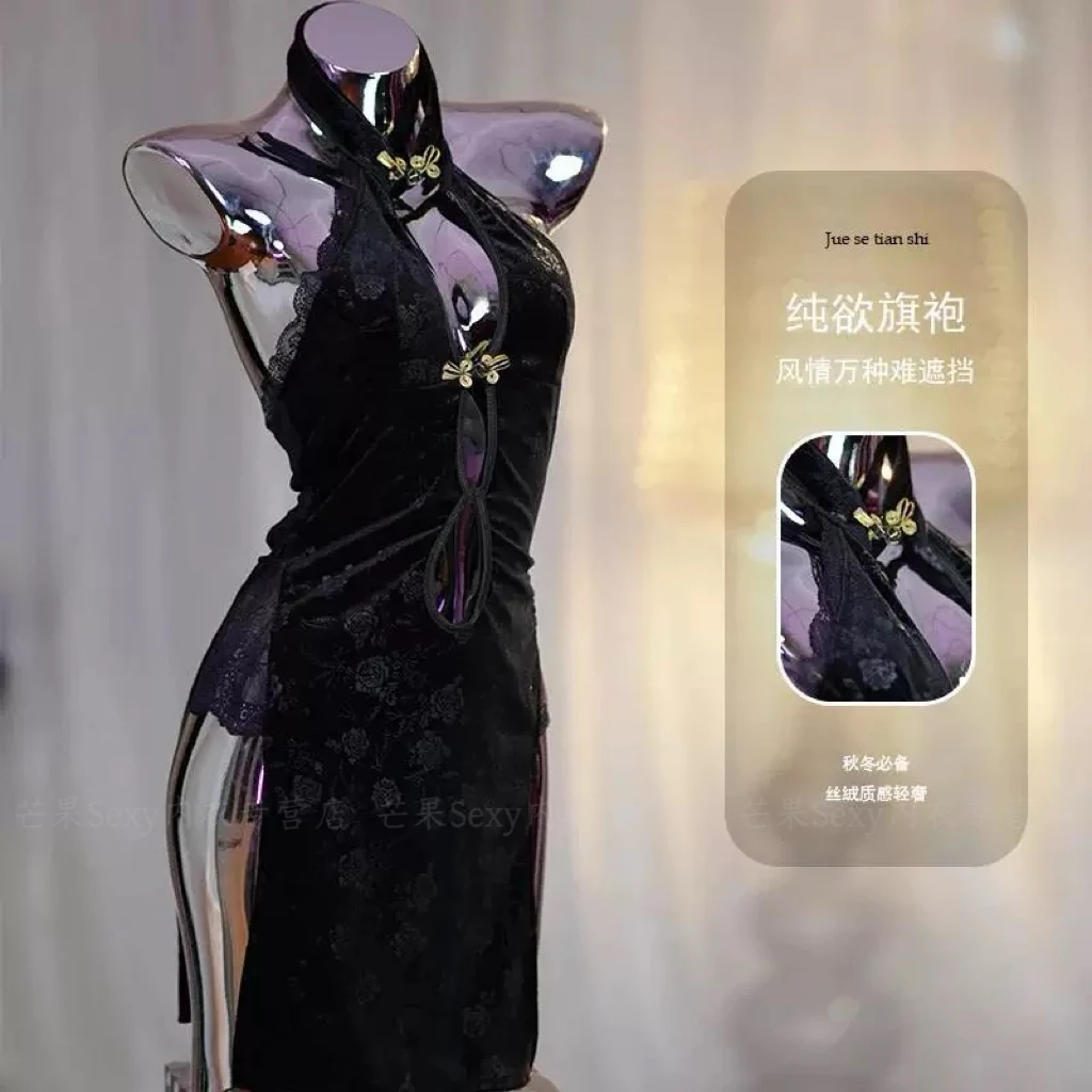 【暗夜玫瑰】中式高开叉旗袍大码性感睡衣高级感纯欲风禁欲系睡裙