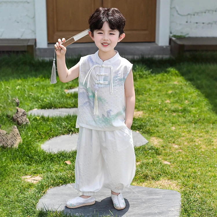 男童国风无袖套装2025新款夏季宝宝新中式薄款背心百搭短裤两件套