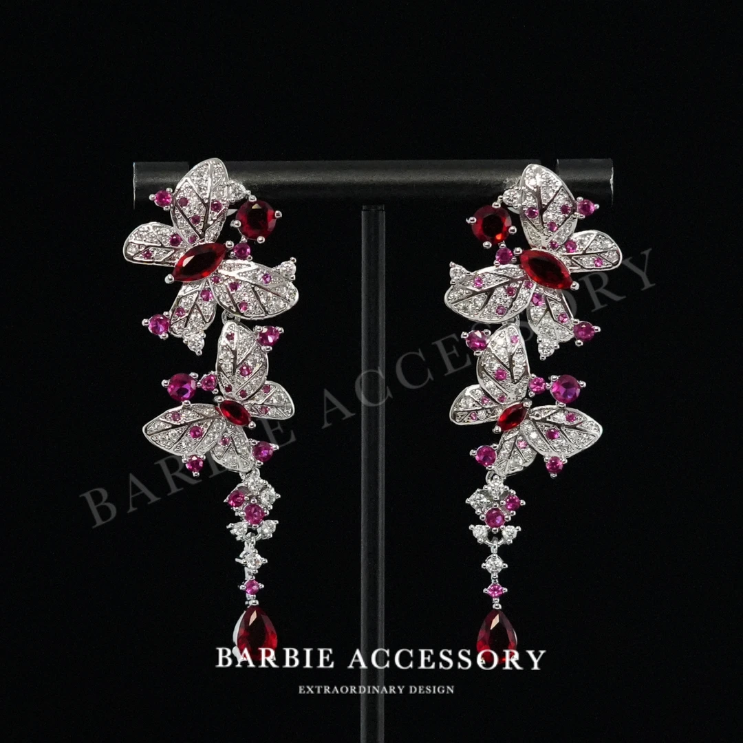 铜合金合成锆石耳饰 【蝶灵玫红】法式中古轻奢设计款高级感耳饰