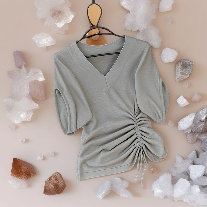 女士夏季新款流行减龄灰色V领短袖收腰褶皱系带百搭衬衫式T恤上衣