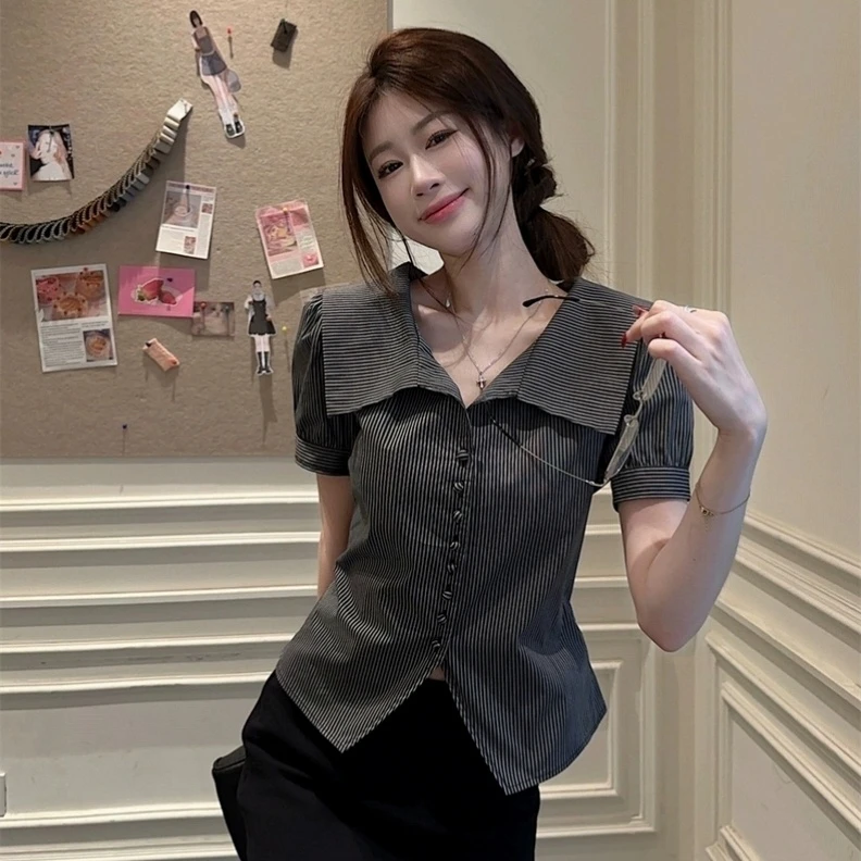 韩系短袖条纹衬衫女2025夏季新款学院风显瘦大翻领小个子短款上衣