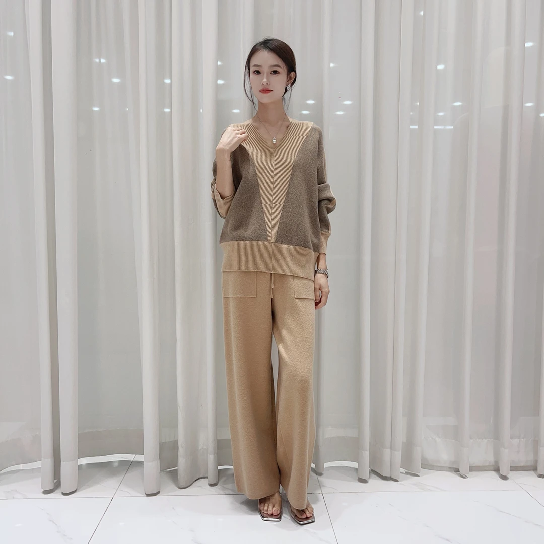 634时尚套装阔腿裤针织v领气质休闲秋冬女装