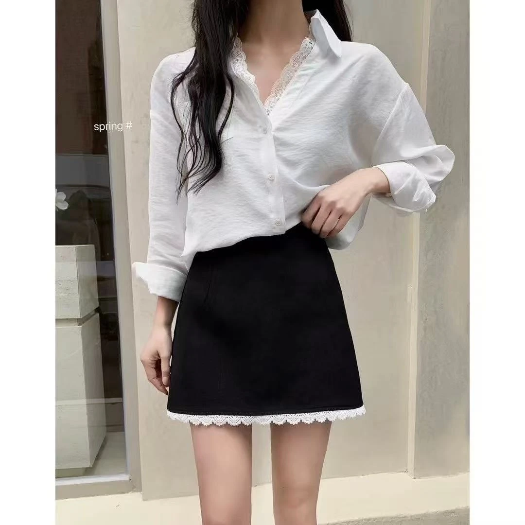 小芸姐春季女士时尚洋气拼花边半裙短