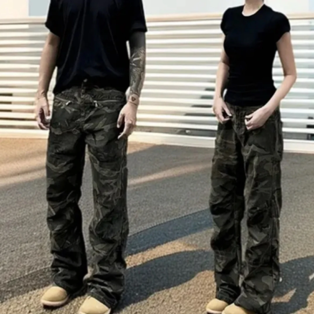 美式复古迷彩裤工装高街男女同款工装牛仔裤阔腿休闲战术裤