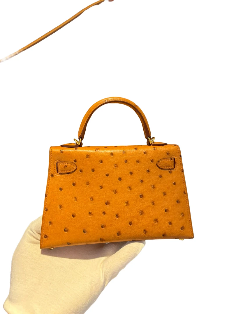 李森海私定 轻奢 （kk鸵鸟 金棕 迷你凯利 19银）手工女包 单肩手提