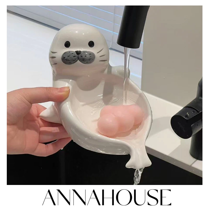 ANNAHOUSE创意可爱海狮肥皂盒奶油风陶瓷沥水香皂碟皂排水速干YF