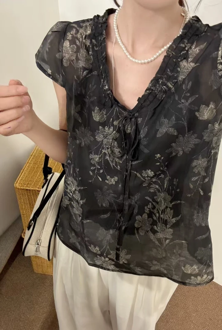 新中式国风洋气碎花短袖雪纺小衫女夏装2025夏季新款气质T恤薄款