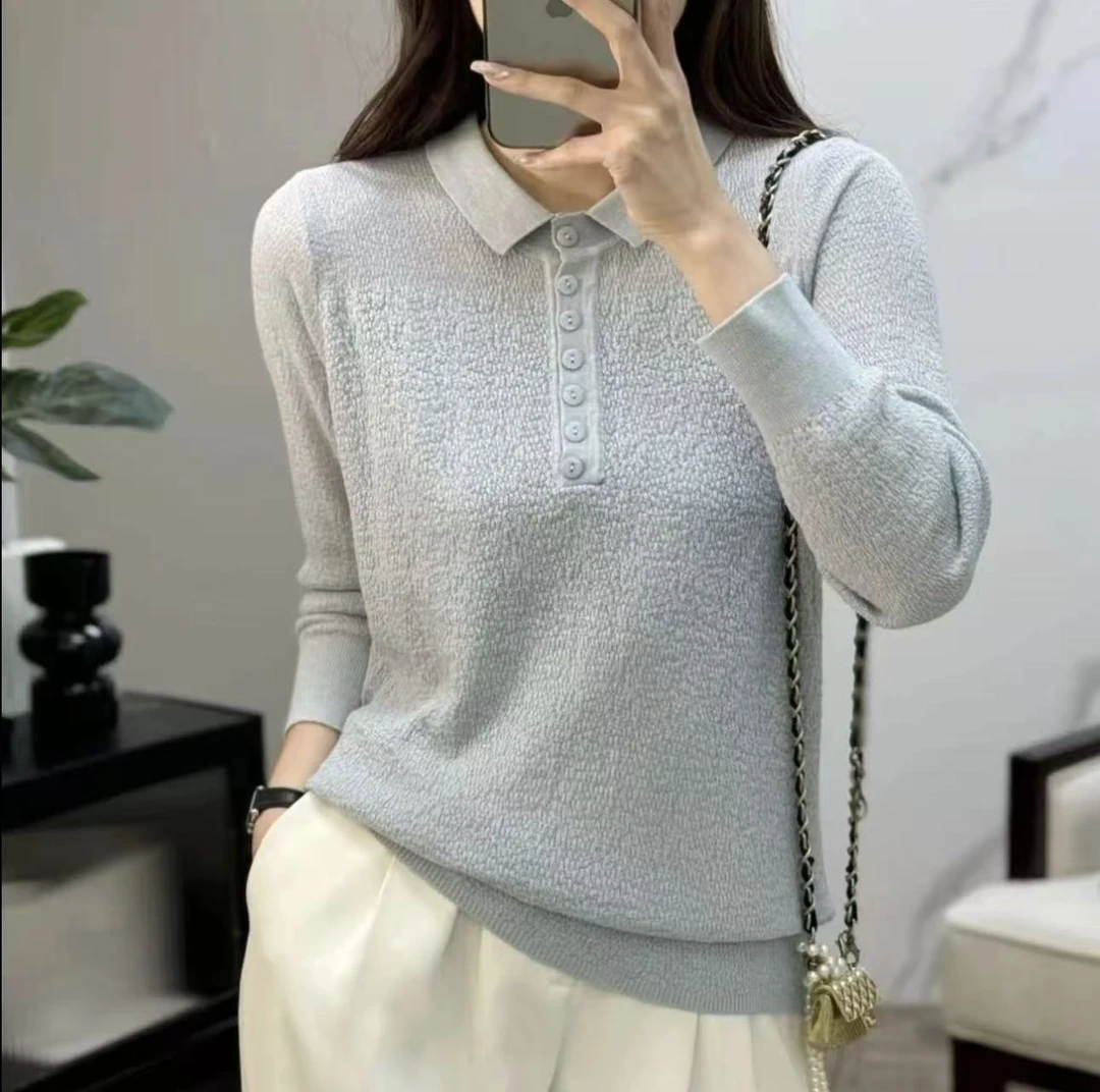 (玉姐家)早秋法式坑条花纹小翻领针织衫树皮纹长袖f1648 J022403
