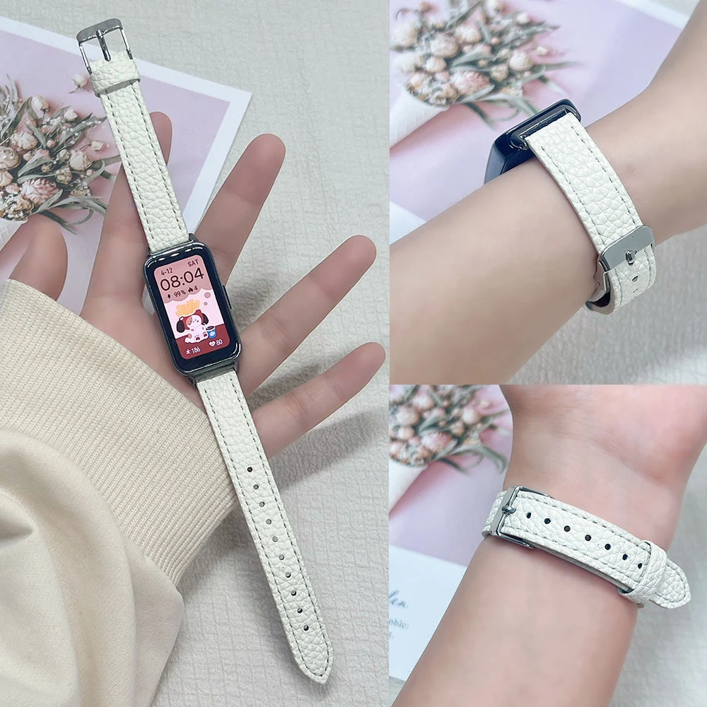 适用华为手环10华为9/8运动手环表带nfc皮质简约荔枝纹女款手表带