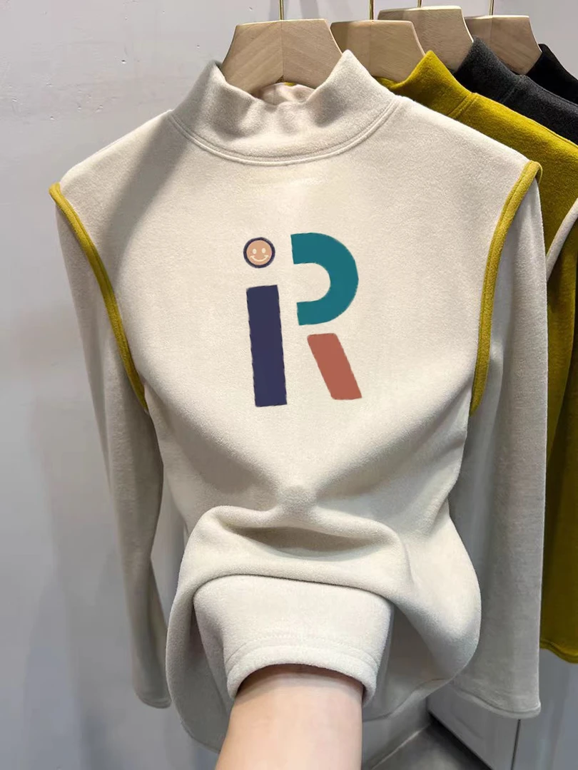 2024冬季新款磨毛德绒长袖T恤女半高领双面拼接内搭打底衫上衣厚