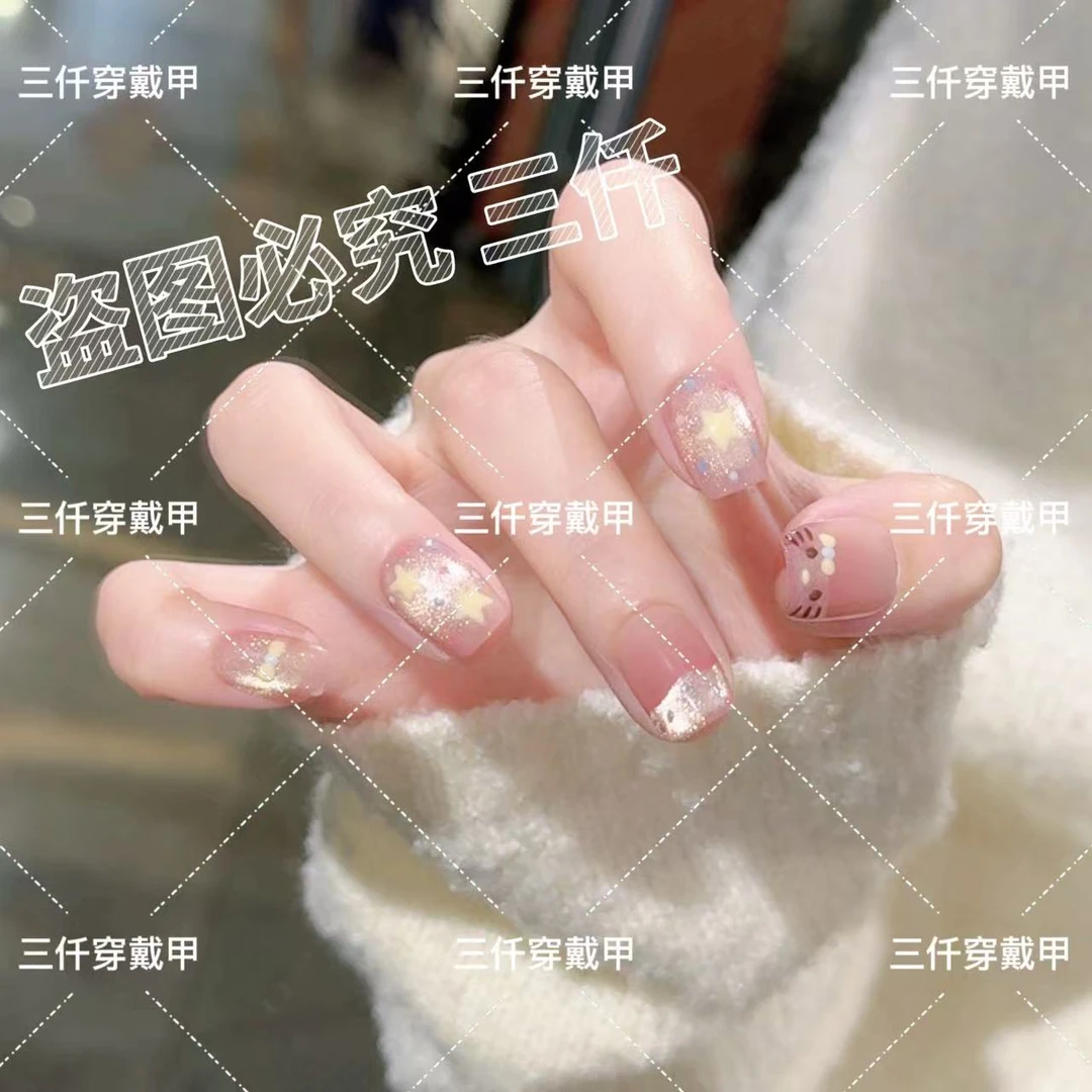 【黄油KT】三仟手工穿戴甲 法式猫眼手绘可爱美甲 古早稚气款