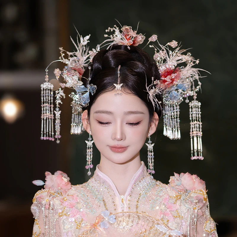 合金婚庆饰品 新款新中式粉色系新娘蝴蝶眉心坠羽毛流苏头饰G0240
